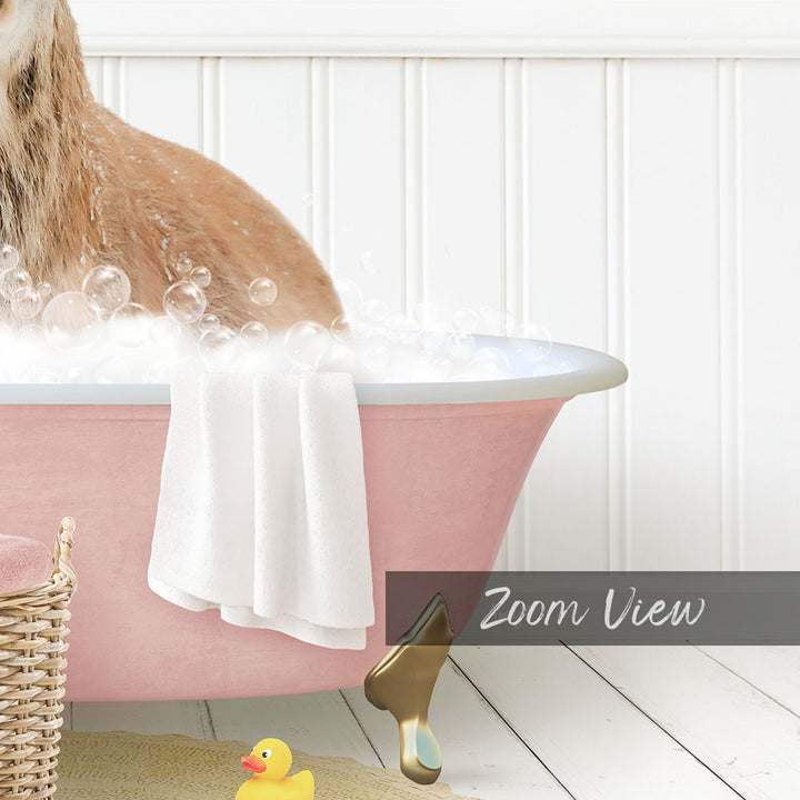 A cat is sitting in a pink bathtub filled with bubbles, surrounded by a yellow rubber duck and a white towel.