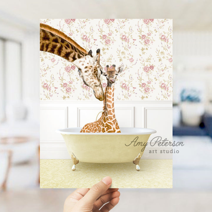 a giraffe sticking its head into a bathtub with another giraffe