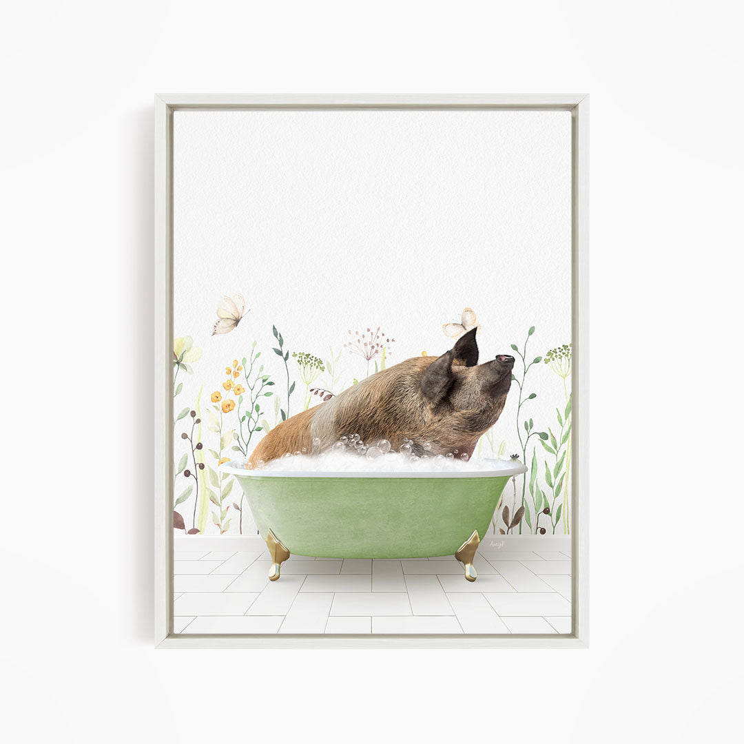 A brown dog is sitting in a green bathtub filled with bubbles, surrounded by a floral background.