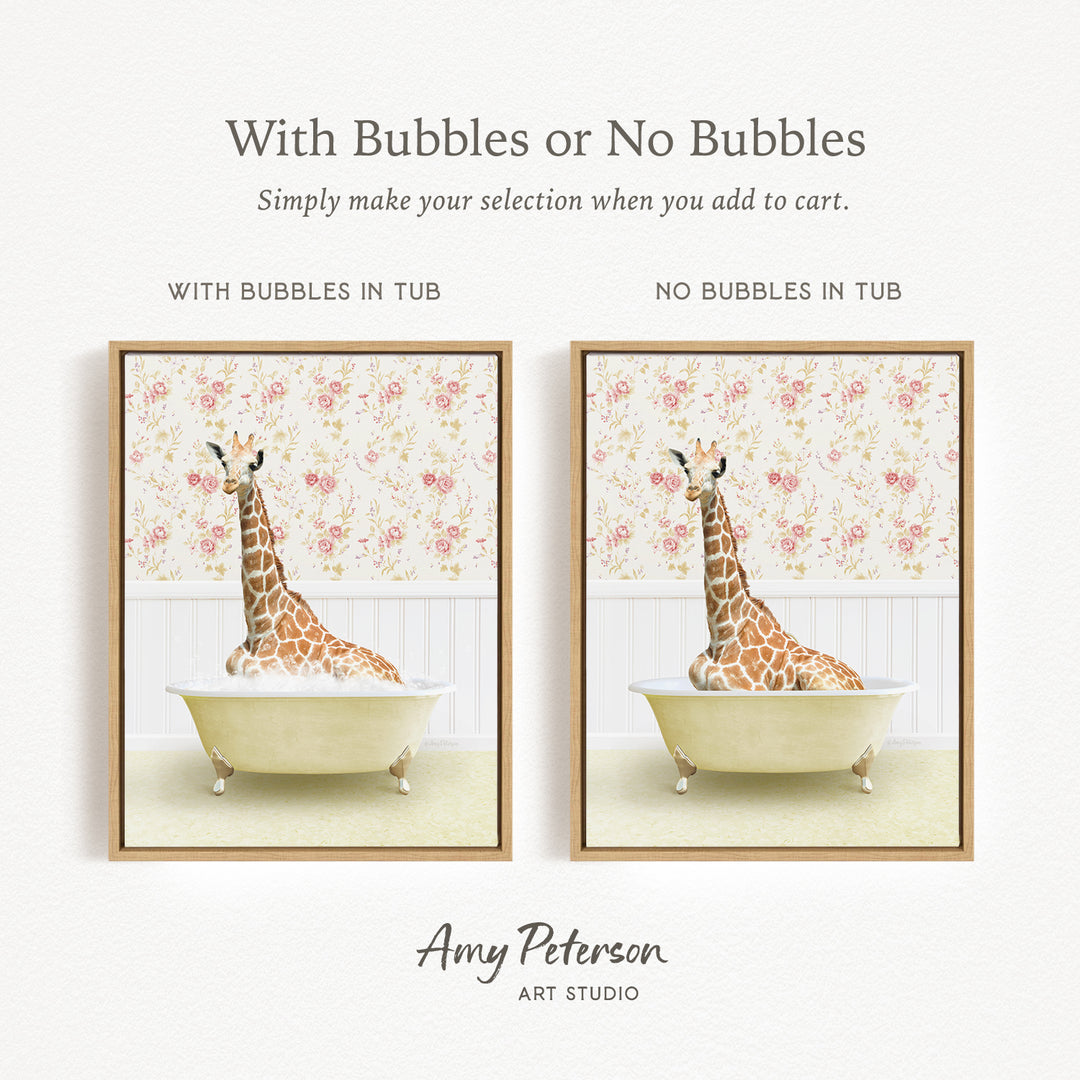 The image is a collage of two framed pictures, each depicting a giraffe sitting in a bathtub. The text above the images reads "With Bubbles or No Bubbles" and below the images, it says "Simply make your selection when you add to cart."
