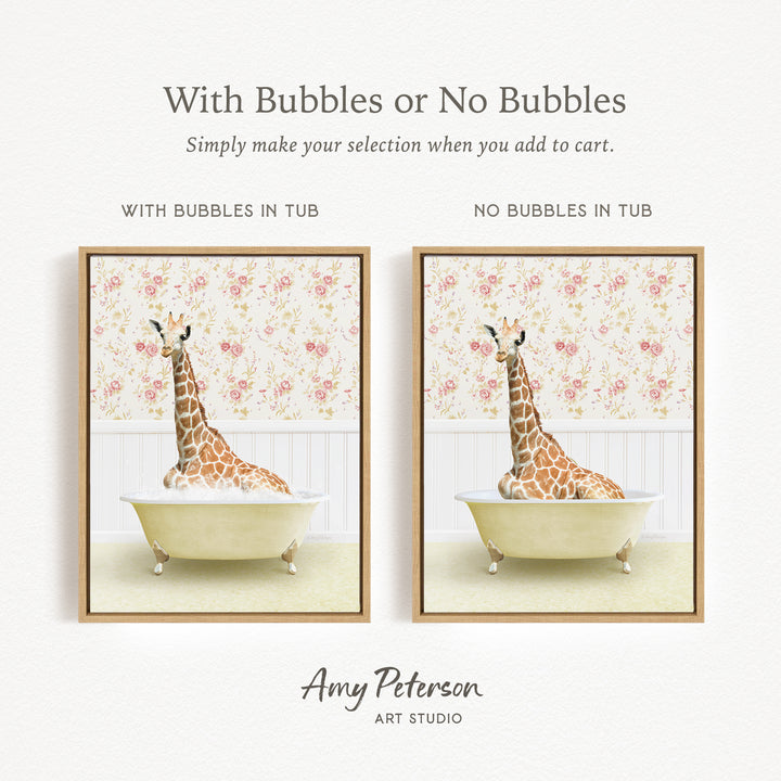 The image is a collage of two framed pictures, each depicting a giraffe sitting in a bathtub. The text above the images reads "With Bubbles or No Bubbles" and below the images, it says "Simply make your selection when you add to cart."