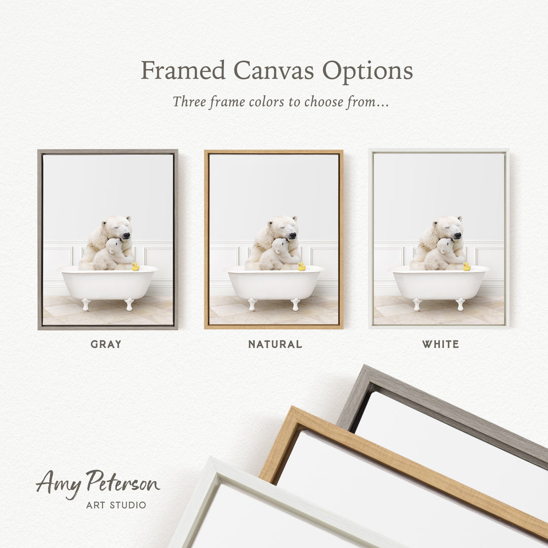 three framed canvas options, each featuring a white teddy bear in a bathtub. The options include a gray frame, a natural frame, and a white frame.