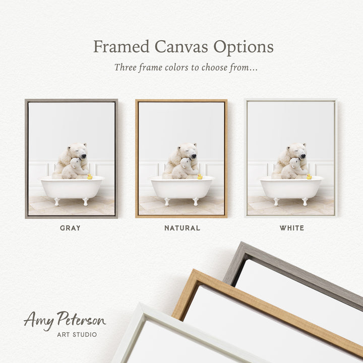three framed canvas options, each featuring a white teddy bear in a bathtub. The options include a gray frame, a natural frame, and a white frame.