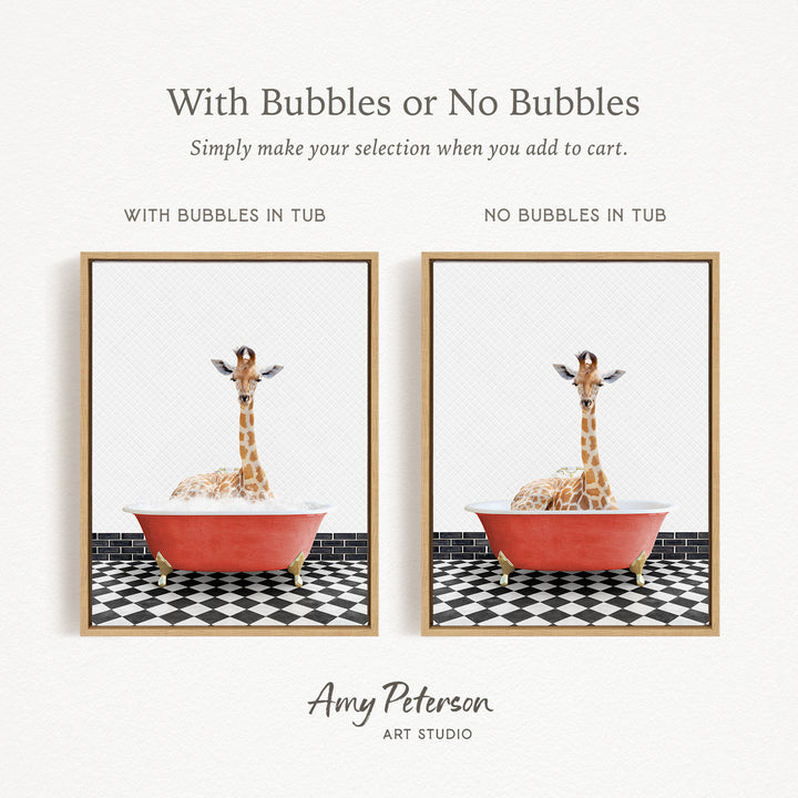 The image is a collage of two framed pictures, each featuring a giraffe sitting in a bathtub. The text above the images reads "With Bubbles or No Bubbles" and below the images, it says "Simply make your selection when you add to cart."