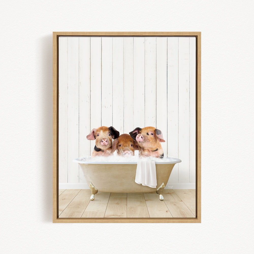 Three adorable pigs sitting in a white bathtub, enjoying a relaxing bath.