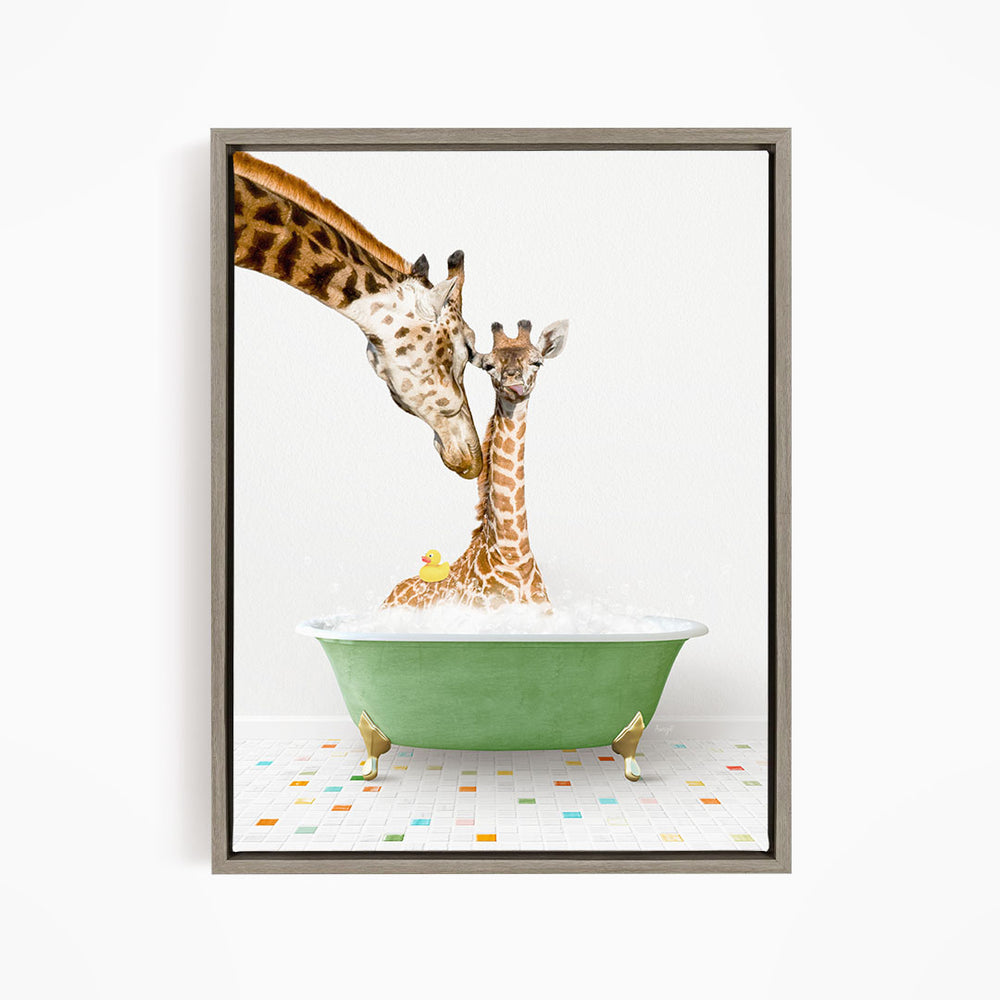 A mother giraffe and her baby giraffe are enjoying a bath together in a green tub, with a yellow rubber duck floating in the water.