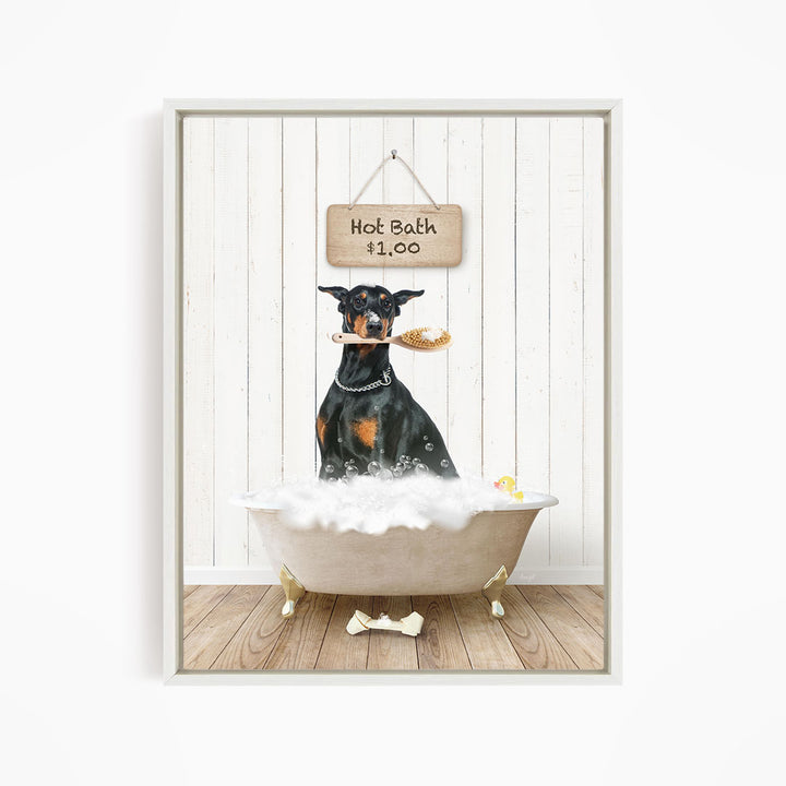 A black and brown dog is sitting in a white bathtub filled with bubbles, with a sign above the tub that reads "Hot Bath $1.00".