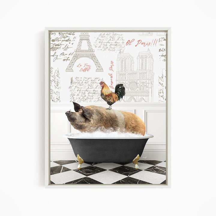 A pig sitting in a bathtub filled with water, with a rooster perched on its back. The background features the Eiffel Tower and other Parisian landmarks.