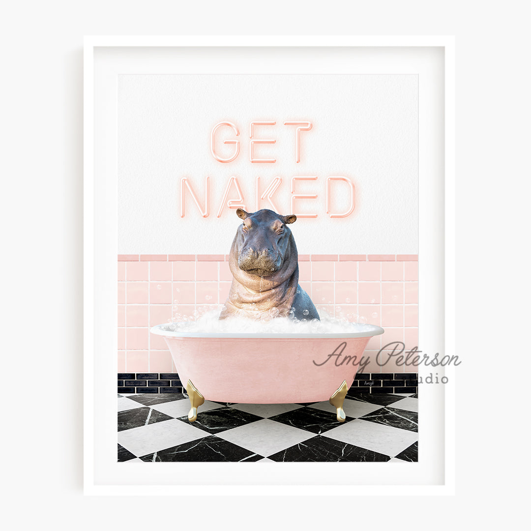 a hippo sitting in a bathtub with the words get naked above it