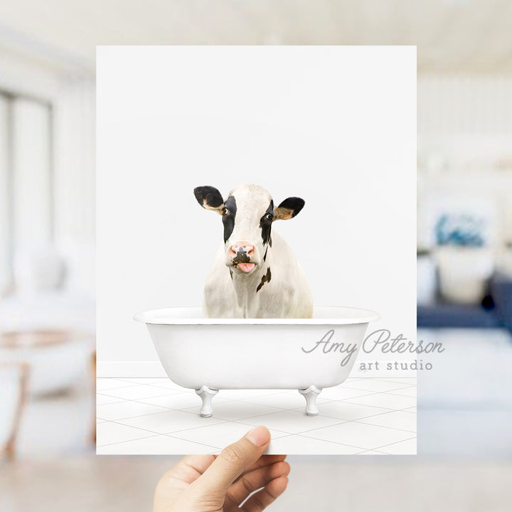 a cow sticking its head out of a bathtub