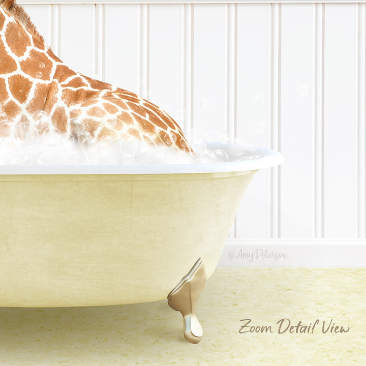 A giraffe is sitting in a bathtub filled with water, creating a whimsical and playful scene.
