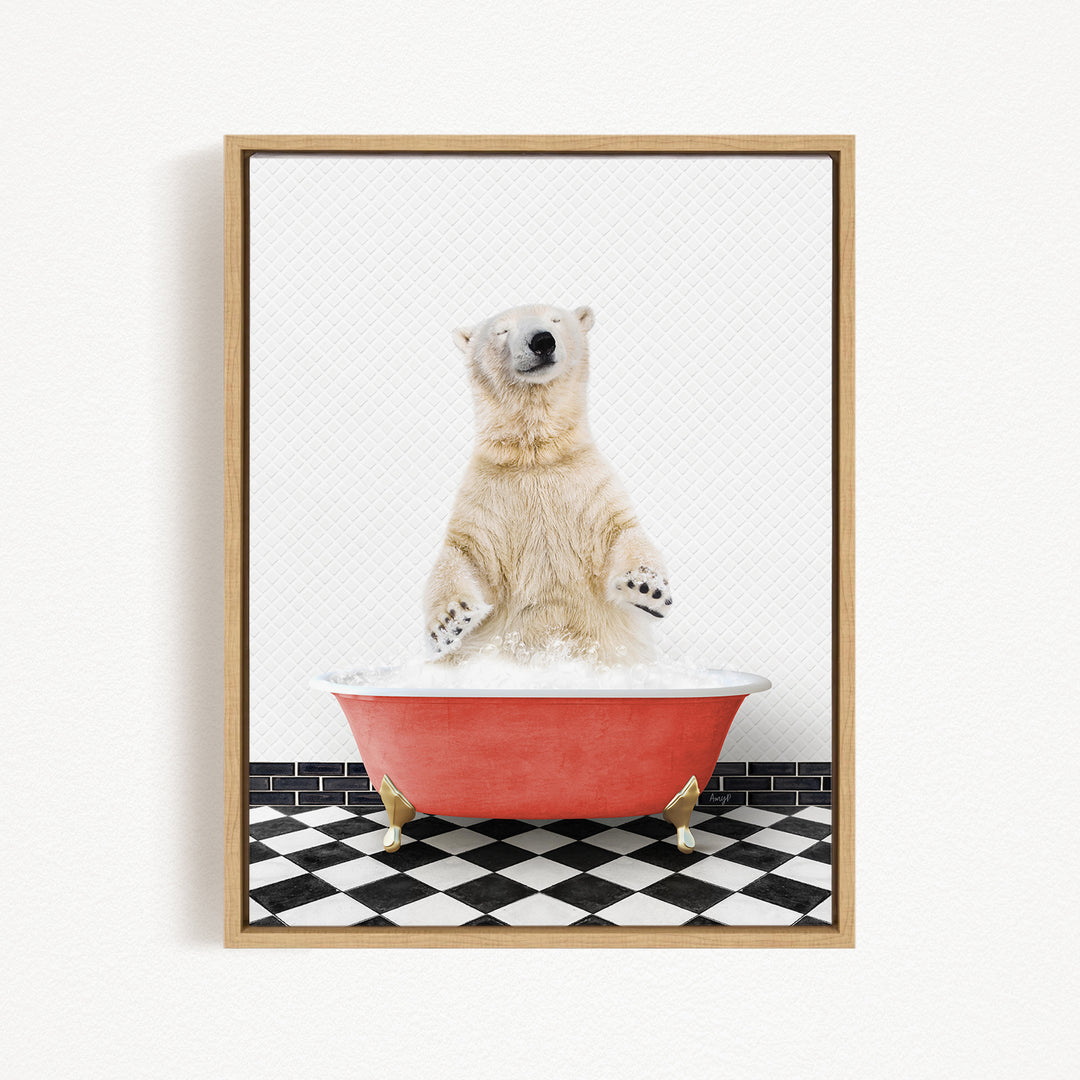 A polar bear standing in a red bathtub filled with water, with a black and white checkered floor beneath it.