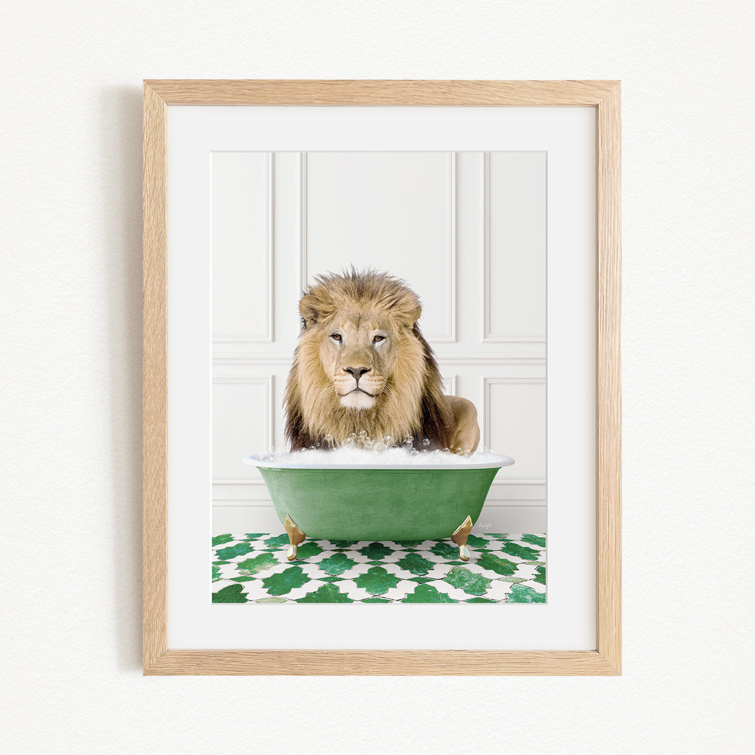 A lion sitting in a green bathtub, surrounded by a patterned green and white rug.