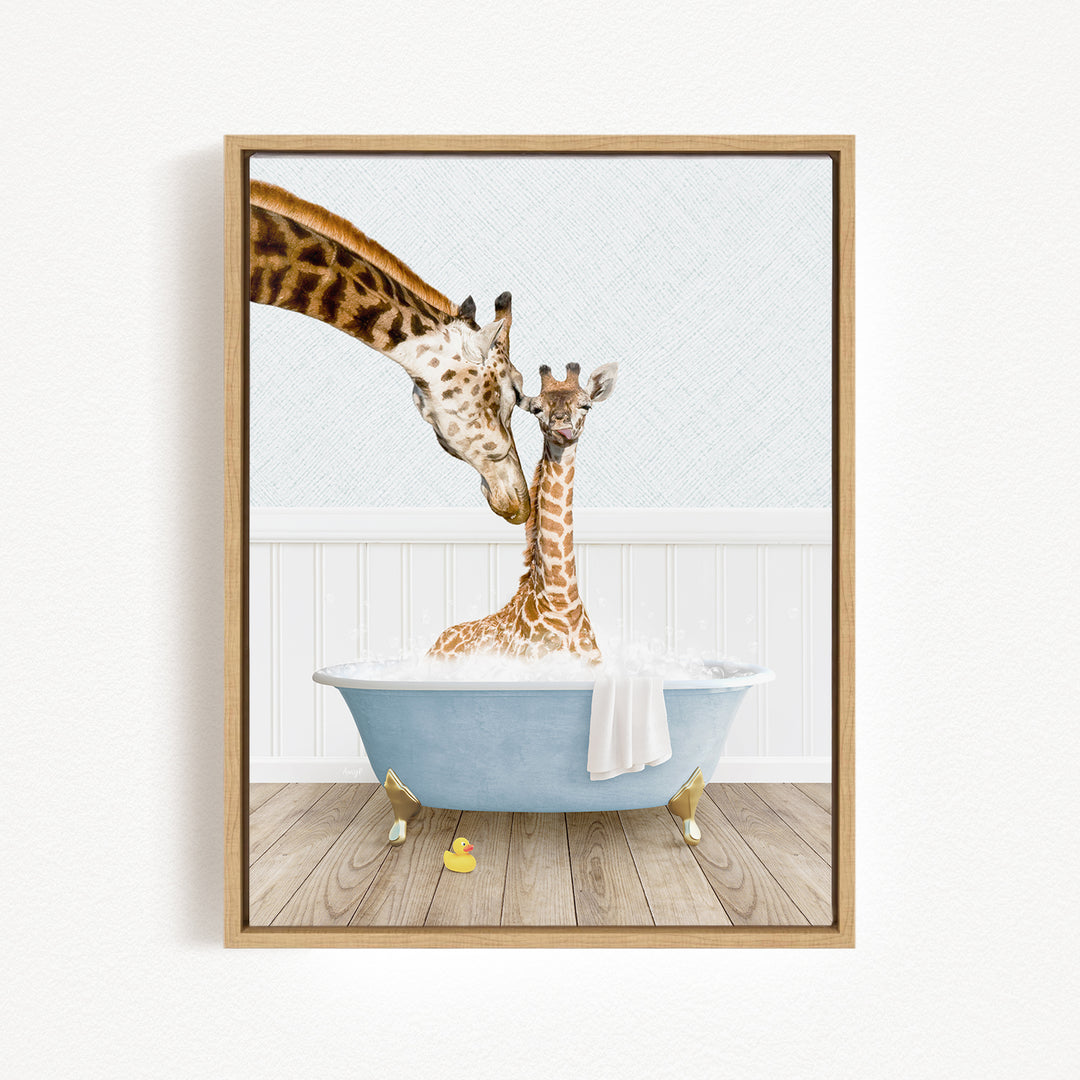 A mother giraffe and her baby giraffe are enjoying a relaxing bath together in a blue tub, with a yellow rubber duck floating nearby.