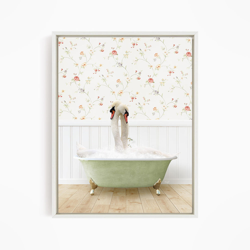 A pair of swans sitting in a green bathtub, with a floral wallpaper in the background.