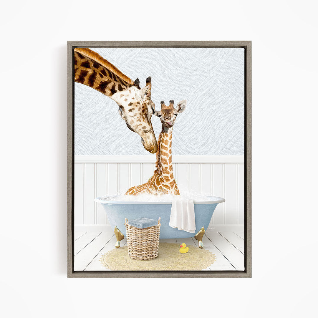 A mother giraffe and her baby giraffe enjoying a relaxing bath together in a blue bathtub, surrounded by a basket of toys and a yellow rubber duck.