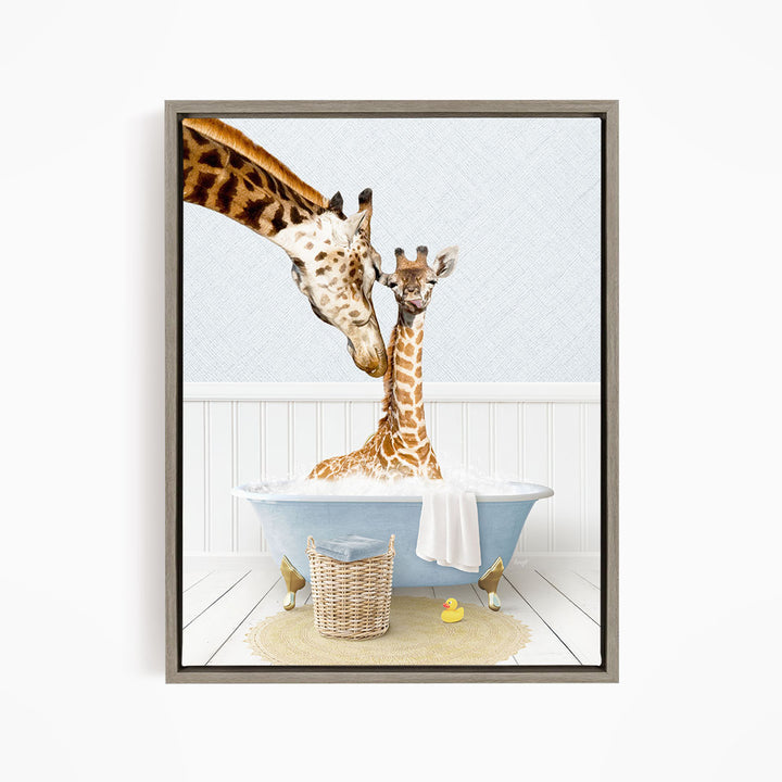 A mother giraffe and her baby giraffe enjoying a relaxing bath together in a blue bathtub, surrounded by a basket of toys and a yellow rubber duck.