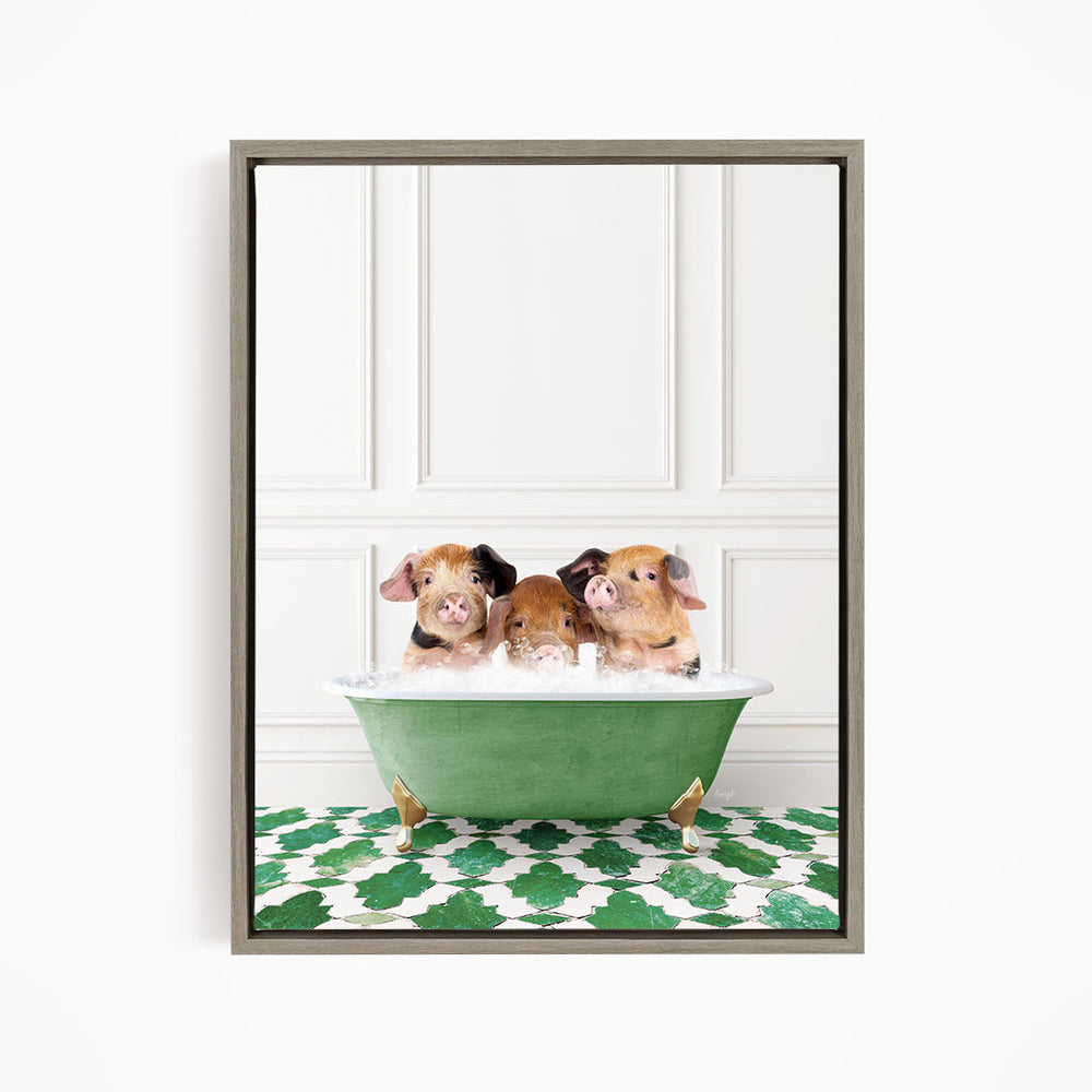 Three adorable pigs sitting in a green bathtub, enjoying a relaxing bath.