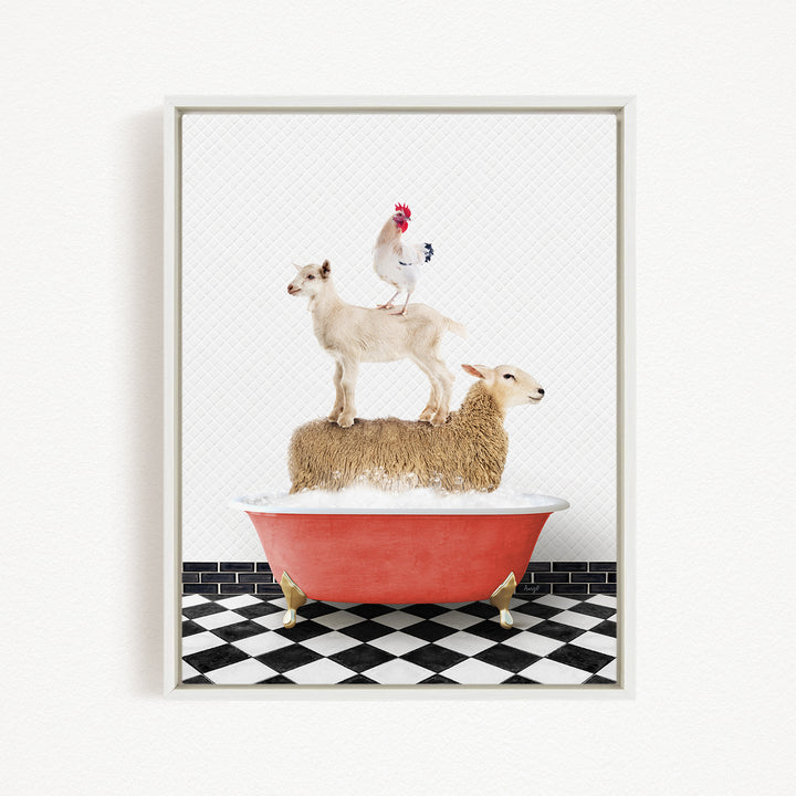A framed image depicting a sheep standing on a goat's back while a rooster stands on top of a sheep in a red bathtub.
