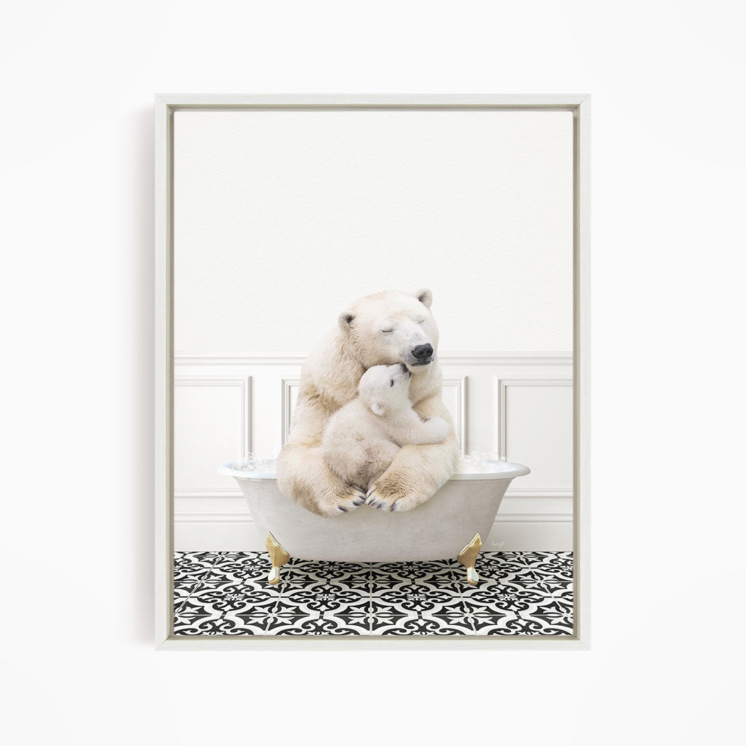A polar bear sitting in a white bathtub, with its head resting on another polar bear.