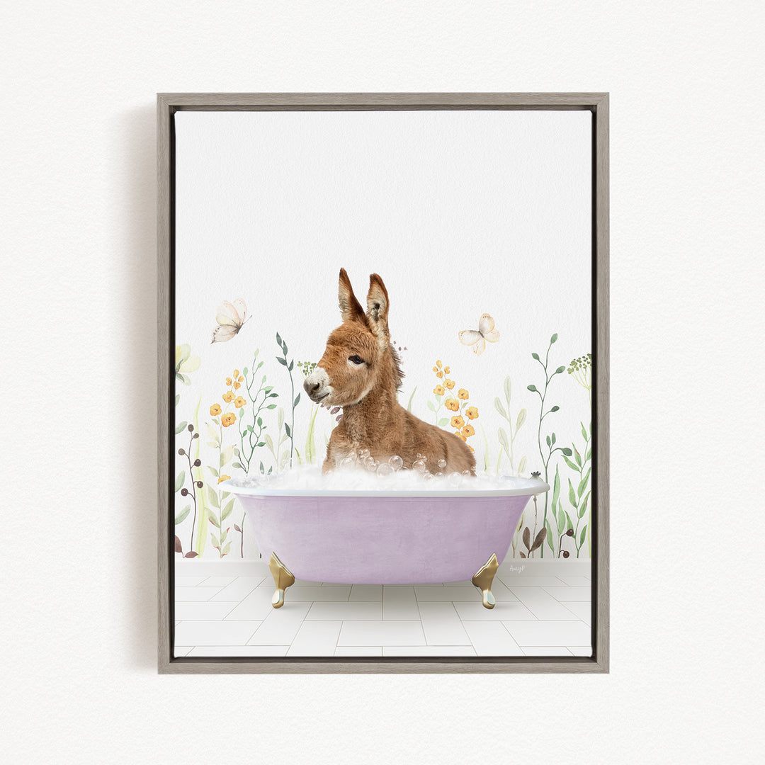 A donkey is sitting in a pink bathtub filled with bubbles, surrounded by flowers and butterflies.