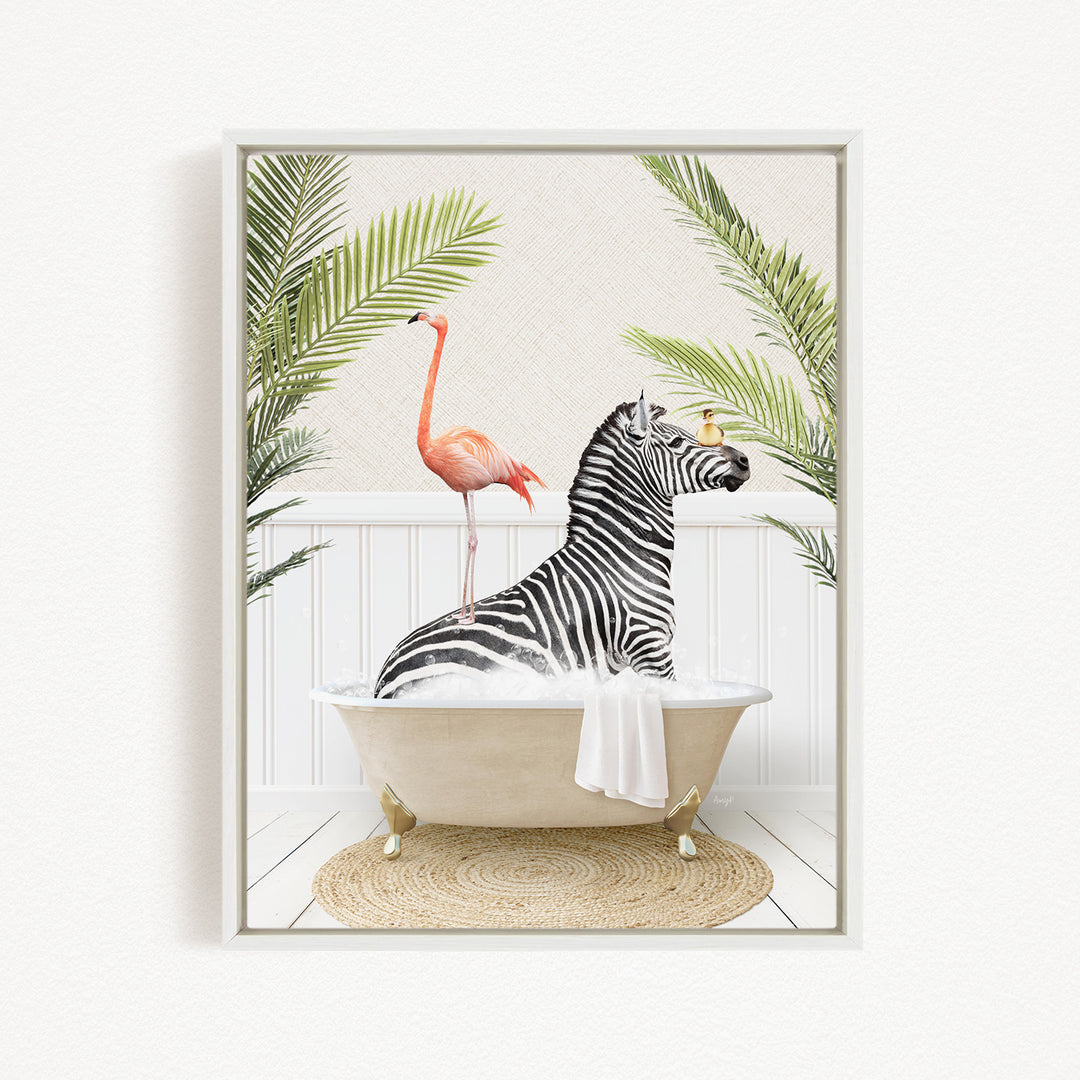 A zebra is sitting in a bathtub, surrounded by a pink flamingo and palm leaves, creating a whimsical and playful scene.