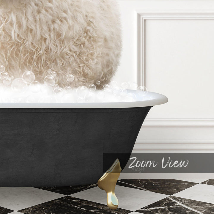 A fluffy white dog is sitting in a bathtub filled with bubbles, with a black and white checkered floor in the foreground.