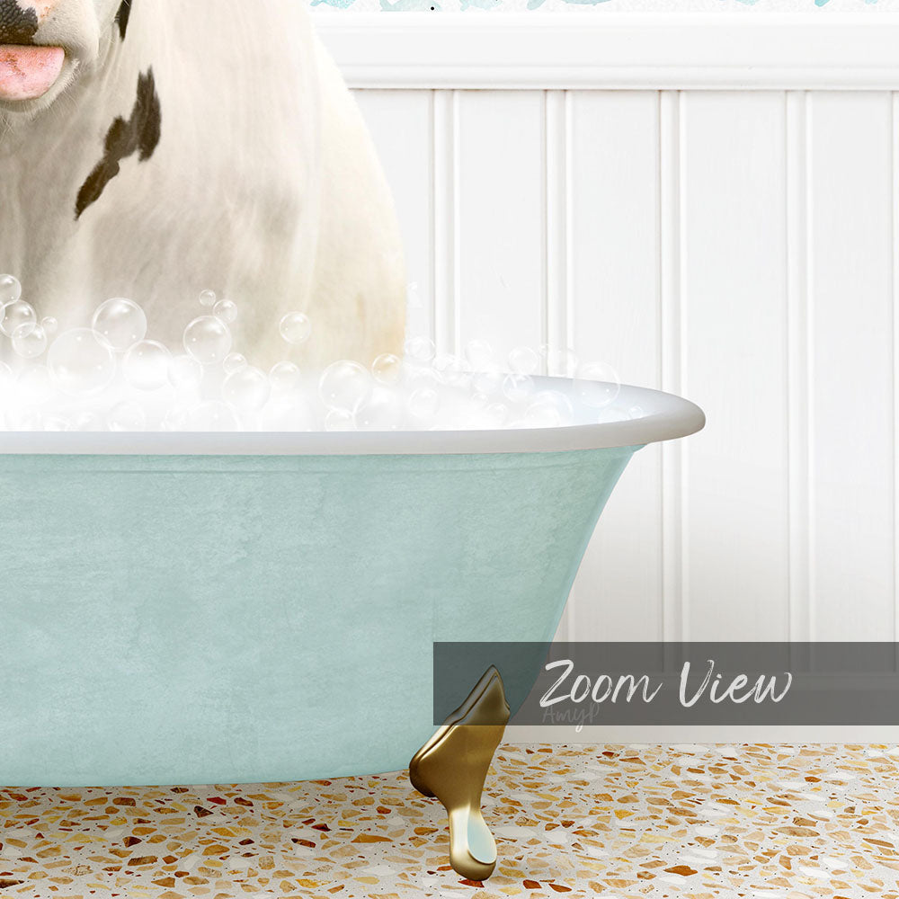 A white cow is standing in a light blue bathtub filled with bubbles, with a gold bathtub leg visible on the floor.