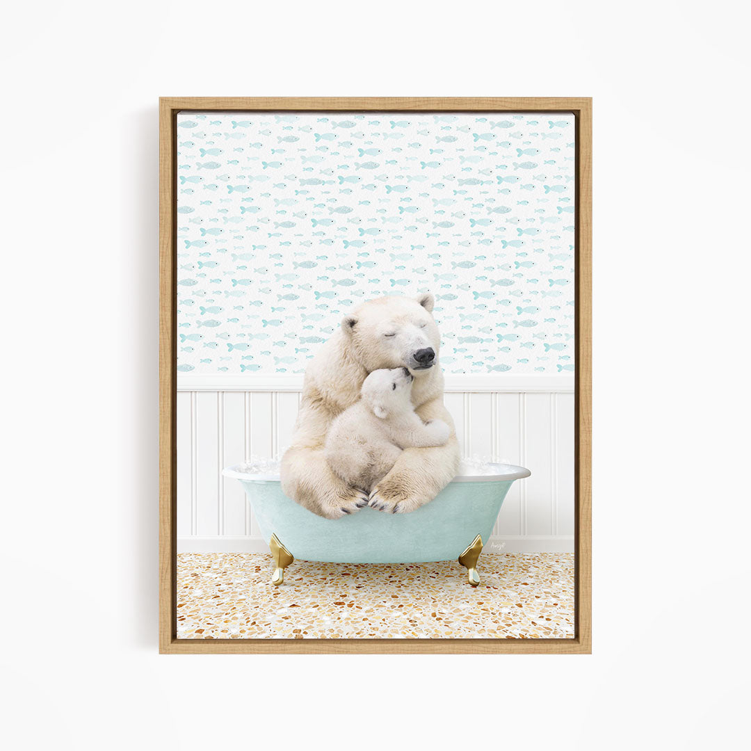 A polar bear cub sitting in a bathtub, with its mother sitting next to it, against a background of fish.