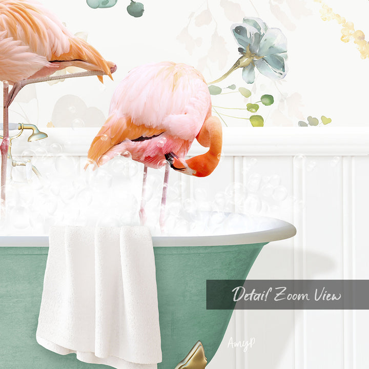A pink flamingo standing in a green bathtub filled with water, surrounded by a floral wallpaper.