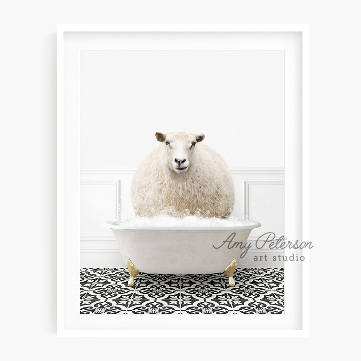 a sheep sitting in a bathtub on a tiled floor