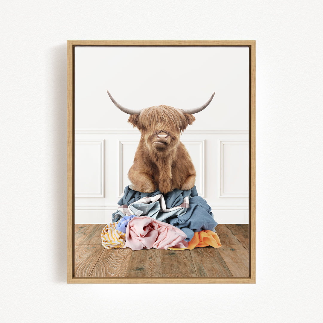 A Highland cow with long horns is sitting atop a pile of clothes on a wooden floor.