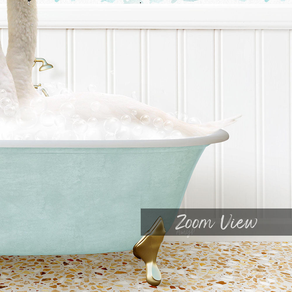 A light blue bathtub filled with bubbles, with a gold faucet and a swan-like figure standing in the water.