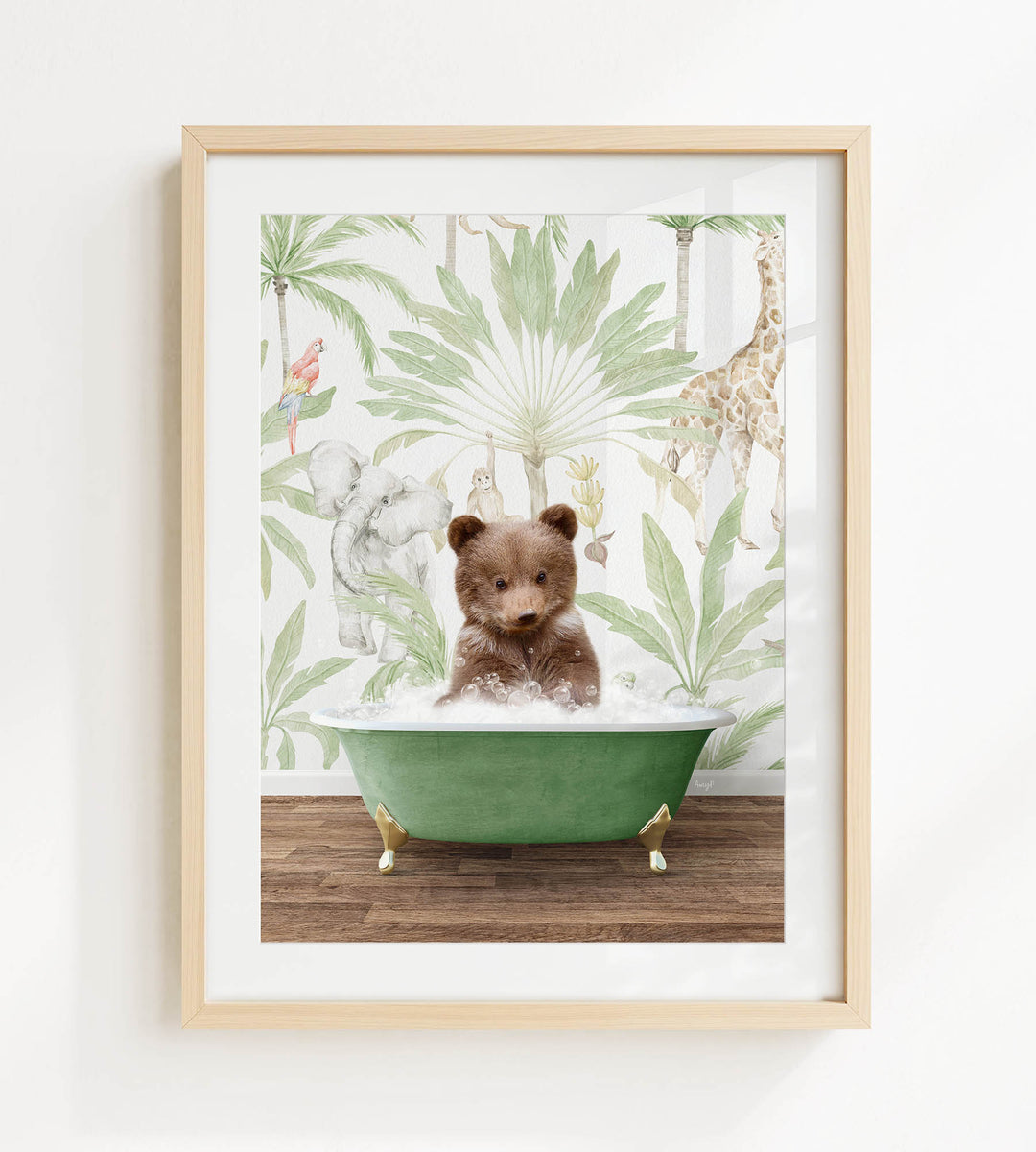 A brown bear sitting in a green bathtub filled with water, surrounded by tropical foliage and animals.