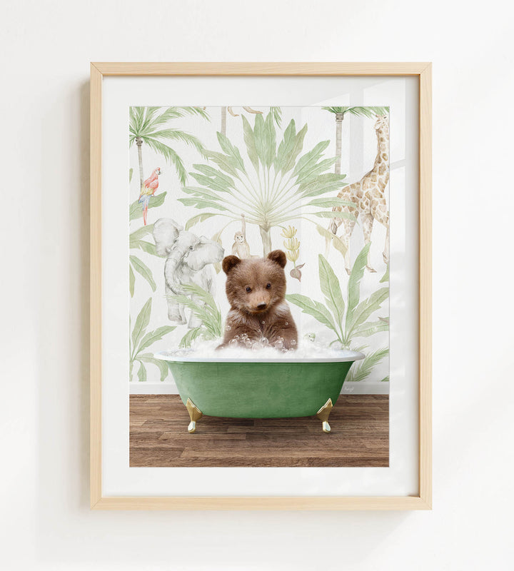 A brown bear sitting in a green bathtub filled with water, surrounded by tropical foliage and animals.
