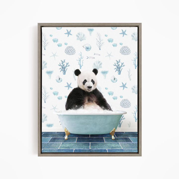 A panda bear sitting in a bathtub filled with bubbles, surrounded by a blue and white ocean-themed wallpaper.
