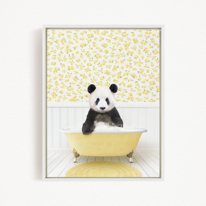 A panda bear sitting in a yellow bathtub, surrounded by a yellow floral pattern on the wall behind it.
