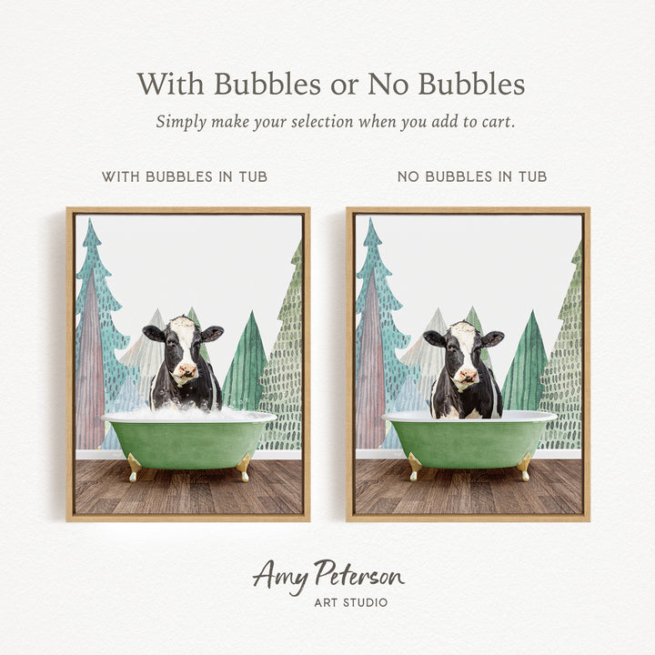 The image is a collage of two pictures featuring a cow sitting in a green bathtub. The cow appears to be enjoying a relaxing bath, surrounded by a forest-like background. The collage includes a text overlay that provides instructions for selecting the desired tub, either with bubbles or without bubbles, depending on the viewer's preference.