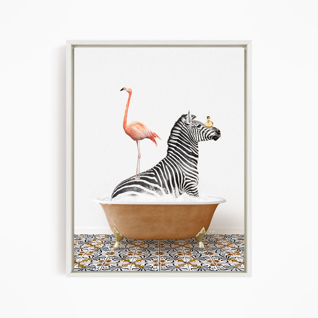 A zebra is sitting in a bathtub filled with water, with a pink flamingo standing on its back legs and a bird perched on its head.
