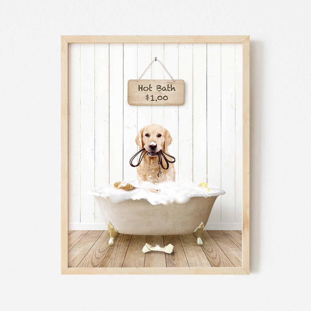 a dog sitting in a bathtub with a sign hanging above it