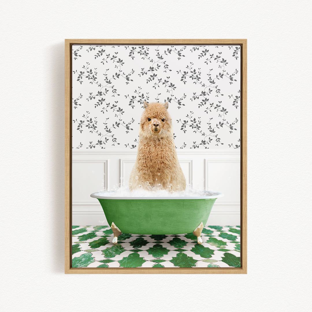 A fluffy alpaca sitting in a green bathtub filled with bubbles, surrounded by a patterned green and white rug.