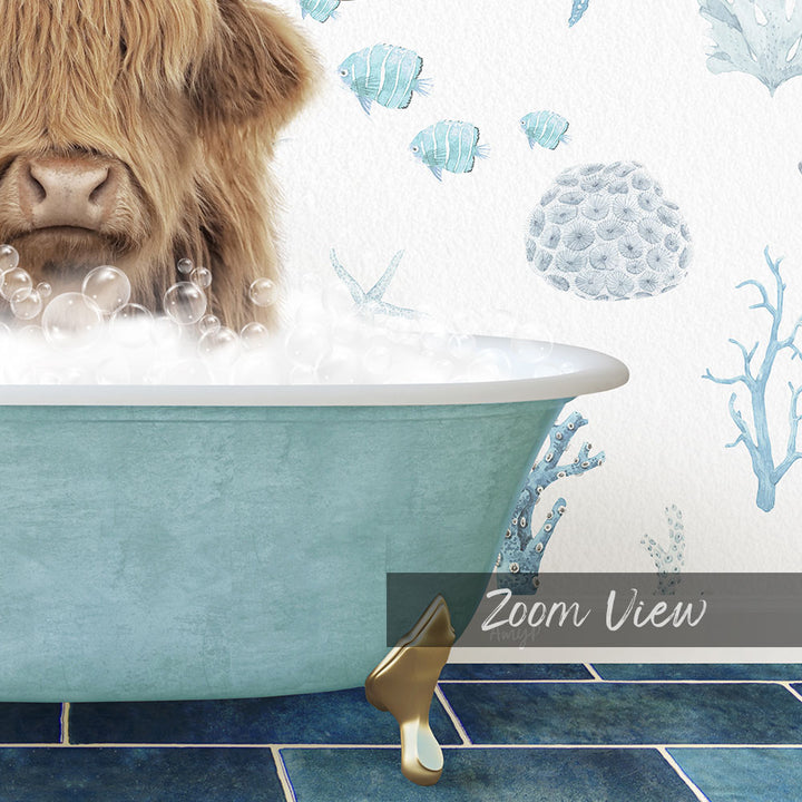 A large, shaggy-haired animal, possibly a yak or a similar furry creature, is sitting in a blue bathtub filled with bubbles, surrounded by a whimsical underwater scene with fish and coral.