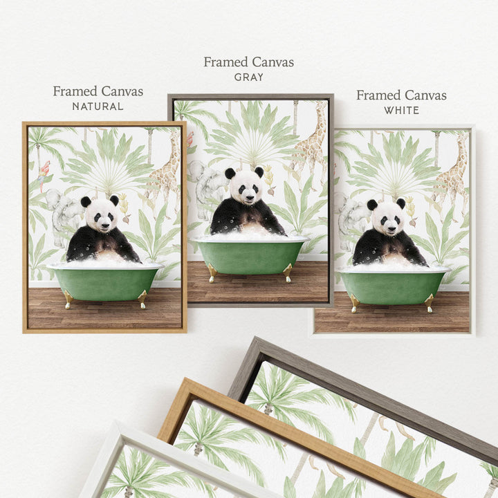 a panda bear sitting in a green bathtub, surrounded by tropical foliage. The panda is depicted in three different framed canvases, each with a different color: natural, gray, and white.