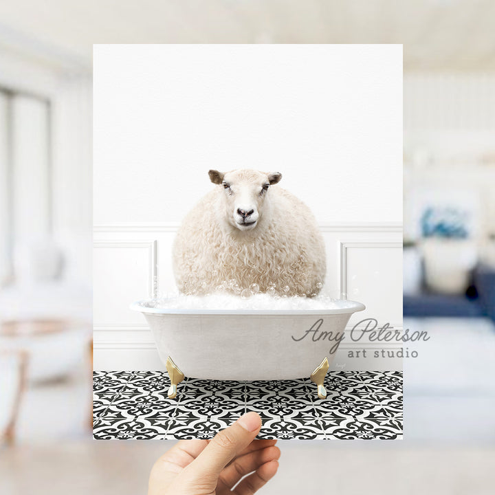 a sheep sitting in a bathtub in a room