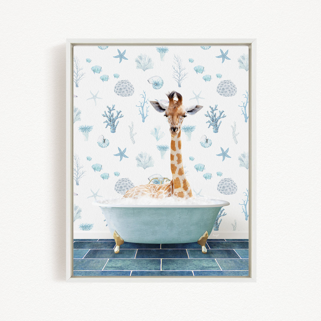 A giraffe is sitting in a bathtub filled with water, surrounded by a blue and white ocean-themed wallpaper.