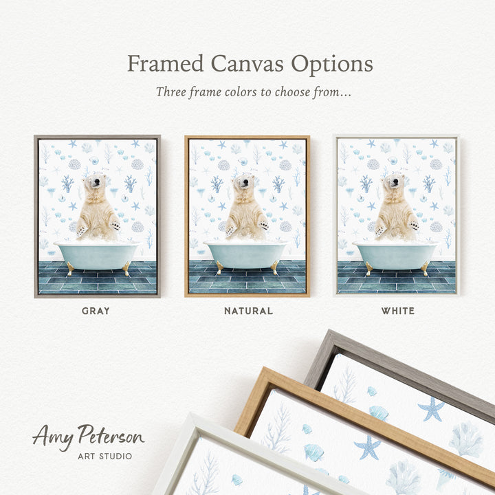 three framed canvas options featuring a bear sitting in a bathtub, with each option having a different frame color: gray, natural, and white.