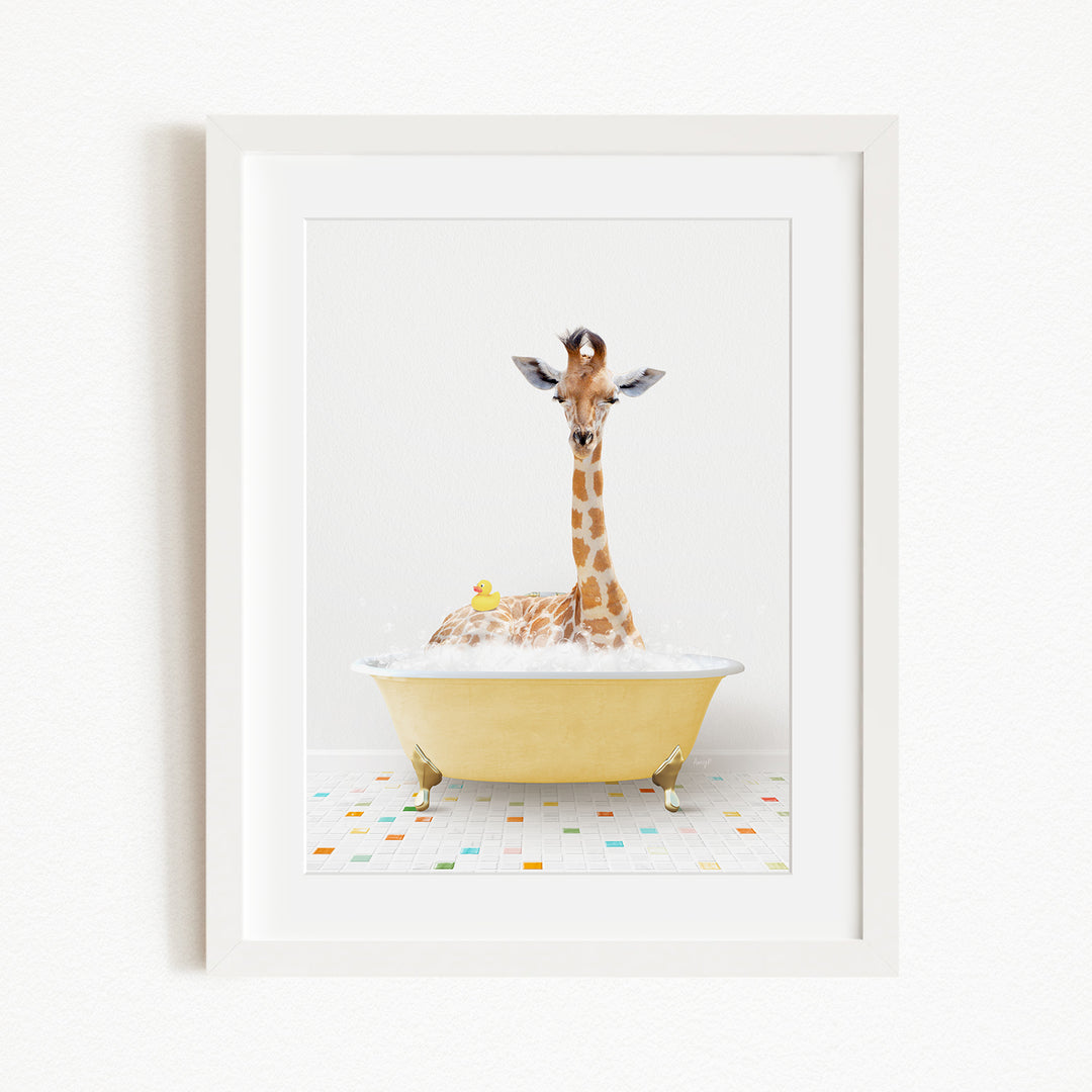 A giraffe is sitting in a yellow bathtub filled with bubbles, surrounded by a colorful tiled floor.