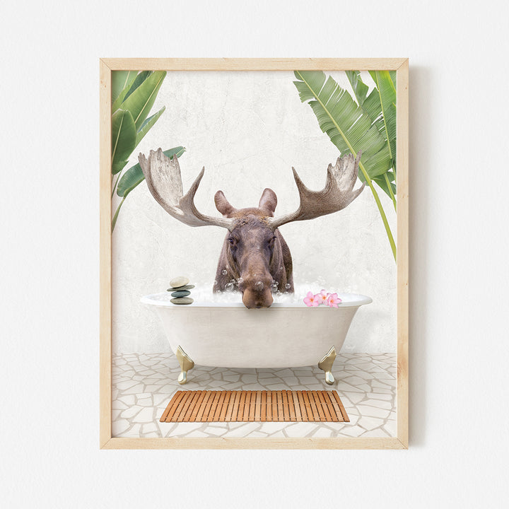 a moose is taking a bath in a bathtub