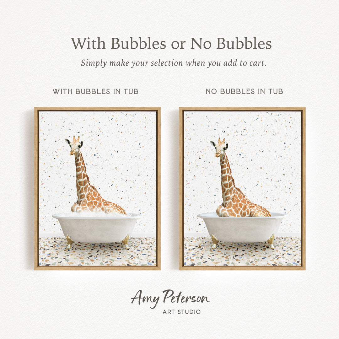 The image is a framed print featuring a giraffe sitting in a bathtub, with the text "With Bubbles or No Bubbles" above the images.