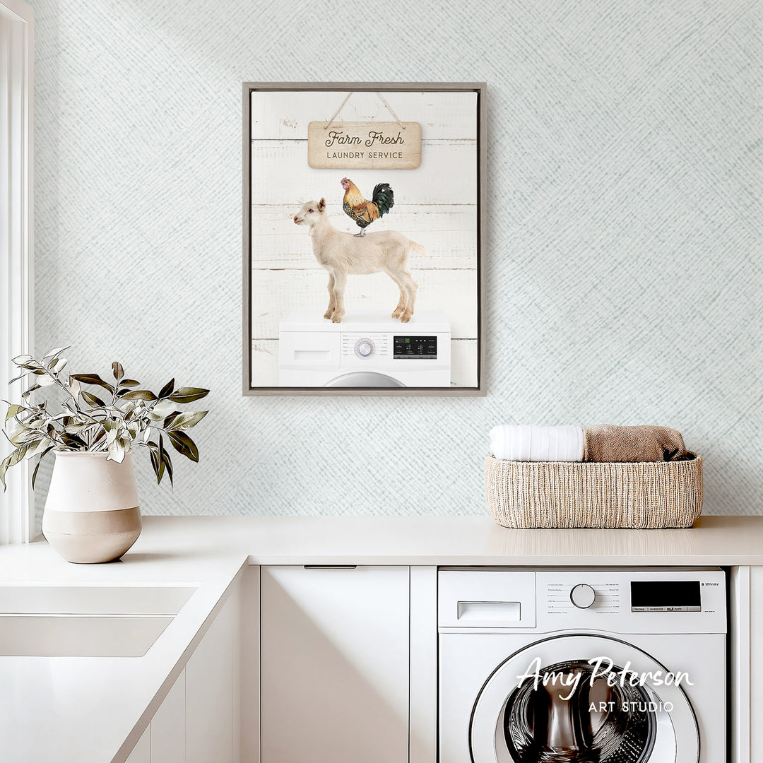 a farm-themed laundry room with a framed sign that reads "Farm Fresh Laundry Service" above a washing machine. The room also includes a basket of towels, a potted plant, and a vase on a countertop.